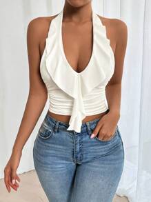 Allurite Sexy Women's Summer Solid Color Splice Ruffle Trim Slim-Fit Halter Neck Tank Top - White - View 5