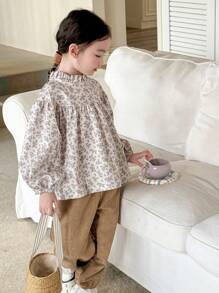 SHEIN Young Girls' Random Print Long Sleeve Top And Pants Set - Khaki - View 4