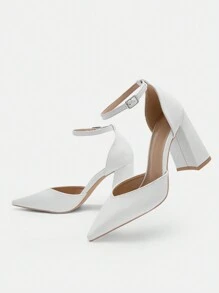 CUCCOO BIZCHIC Fashionable White V-Cut Pointed Toe Chunky Heel Ankle Strap High Heel Shoes For Women, Suitable For Office, Dating, Parties And Weddings Spring Shoes Spring Break Easter For Christmas Spring Shoes - White - View 9