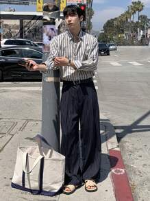 DAZY 男式寬鬆條紋長袖休閒襯衫，秋季款 - 藍色 - 查看 7