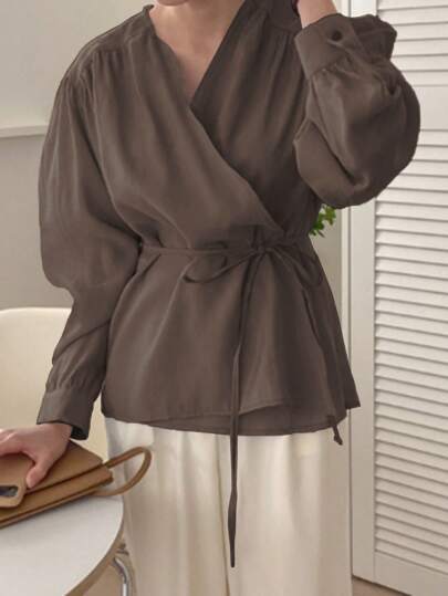 DAZY 女士春秋休闲纯色收腰衬衫学院风上衣，秋季女装长袖上衣