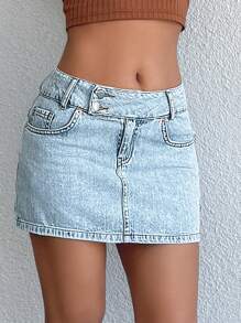 EURMUSE Button-Front Shift Denim Mini Skirt - Light Wash - View 6