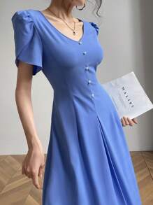 Mulvari 女士优雅纯色泡泡袖长裙，夏季 - 藍色 - 查看 5