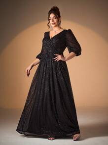 Đầm dạ hội dáng chữ A dài đến đầu gối, cổ chữ V, xếp ly, màu trơn, cỡ lớn, lấp lánh, dành cho nữ, thích hợp dự tiệc cưới, lễ tốt nghiệp, tiệc tối, mùa xuân. - màu đen - Xem 4