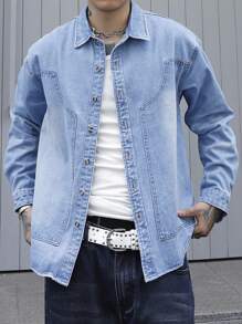 Manfinity EMRG 男士春夏宽松休闲通勤长袖牛仔衬衫，秋季 - 中等水洗藍 - 查看 5