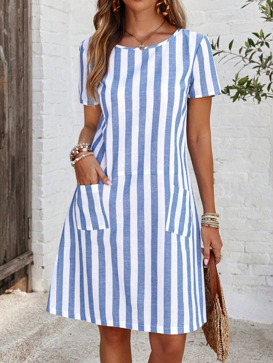 EMERY ROSE Women's Short Sleeve Casual Blue And White Striped Dress With Pockets - Blue and White - View 1
