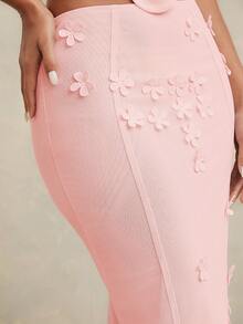 L'Amorae 3D Flower Embellishment Bodycon Maxi Skirt - Pink - View 2