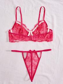 2pcs Women's Sexy Lace Underwear Set With Underwire Padding - Hot Pink - View 2