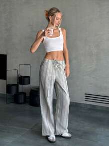 SHEIN EZwear 女款条纹梭织阔腿裤 - 彩色 - 查看 3