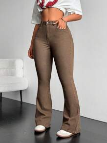 Jeanoix 女士休閒喇叭牛仔褲，側邊口袋款式 - 棕色 - 查看 6