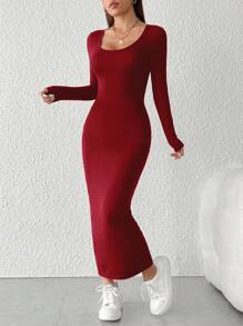 SHEIN PETITE Women's Round Neck Black Dress - Burgundy - View 6