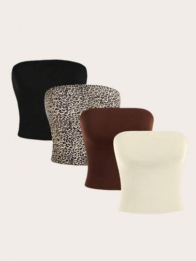 SHEIN Essnce 4 件套休闲简约豹纹吊带背心女装夏季