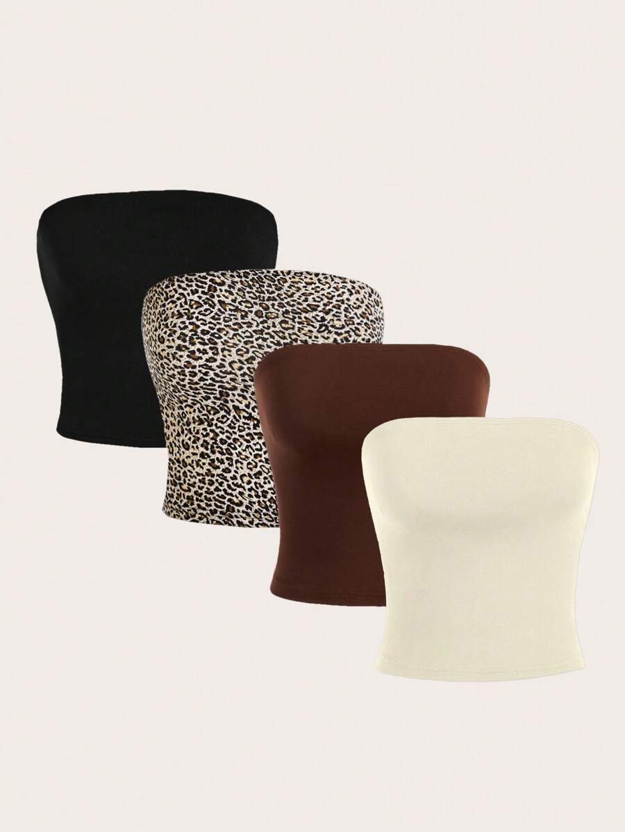 SHEIN Essnce 4 件套休闲简约豹纹吊带背心女装夏季 - 彩色 - 查看 1
