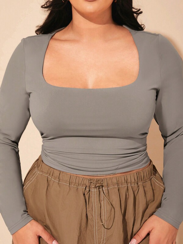 SHEIN BAE Plus Size Fall Gray Square Collar Gathered Knitted Tight Long-Sleeved T-Shirt, Elegant And Versatile Top For Commuting