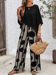 EMERY ROSE Summer Holiday Leisure Solid Color Asymmetrical Hem Shirt And Color-Block Striped Circle Print Long Pants 2pcs/Set - Black - View 4