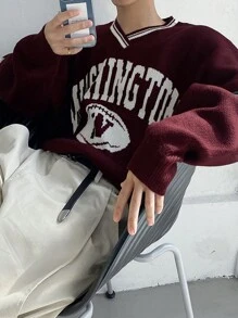 DAZY Men's V-Neck Striped Letter Printed Loose Comfortable Daily Casual Autumn Sweater Business Attire - Red - View 3