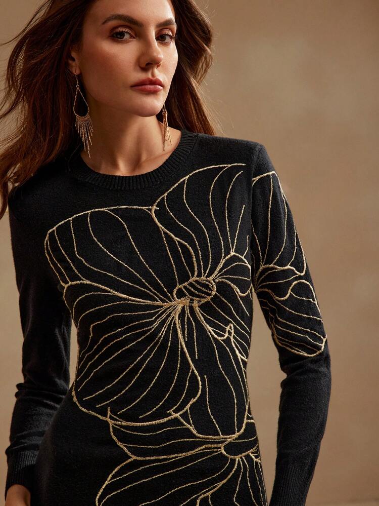 Women's Round Neck Long Sleeve Embroidery Knitted Dress, Slim Fit, Gentle, Virtuous, Elegant