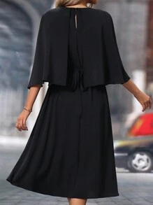 SHEIN Clasi Round Neck Cape, Cinched Waist With Metal Buckle, Flared Dress - Black - View 2