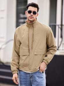 Manfinity VCAY Men's Loose Woven Stand Collar Open Front Jacket, Autumn - Khaki - View 1