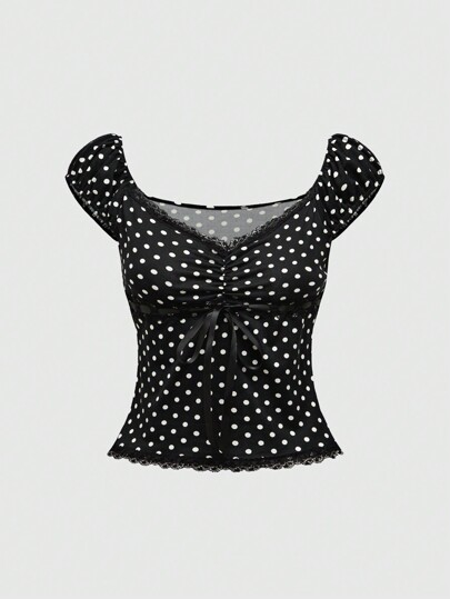 Goth V-Neck Polka Dot Tee With Bow Decoration For Women, Slim-Fit And Versatile
