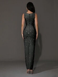 Modphy New Arrival Women's Luxury Diamond Embellished Sleeveless Plunging Square Neck Bodycon Maxi Formal Wedding Evening Gown