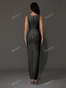 Modphy New Arrival Women's Luxury Diamond Embellished Sleeveless Plunging Square Neck Bodycon Maxi Formal Wedding Evening Gown