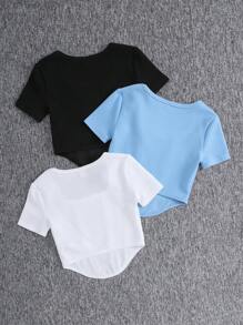 3 件装 Tween 女童时尚甜心针织纯色方领休闲短袖 T 恤，夏季 T 恤
