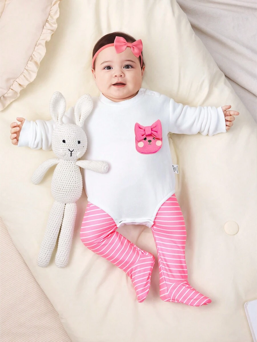 SHEIN Newborn Baby Girl Outfit - Cute Bear Pocket Hooded Jumpsuit Set, 2 Pcs, Suitable For Outdoor Activities, Parties And Other Occasions In Autumn And Winter