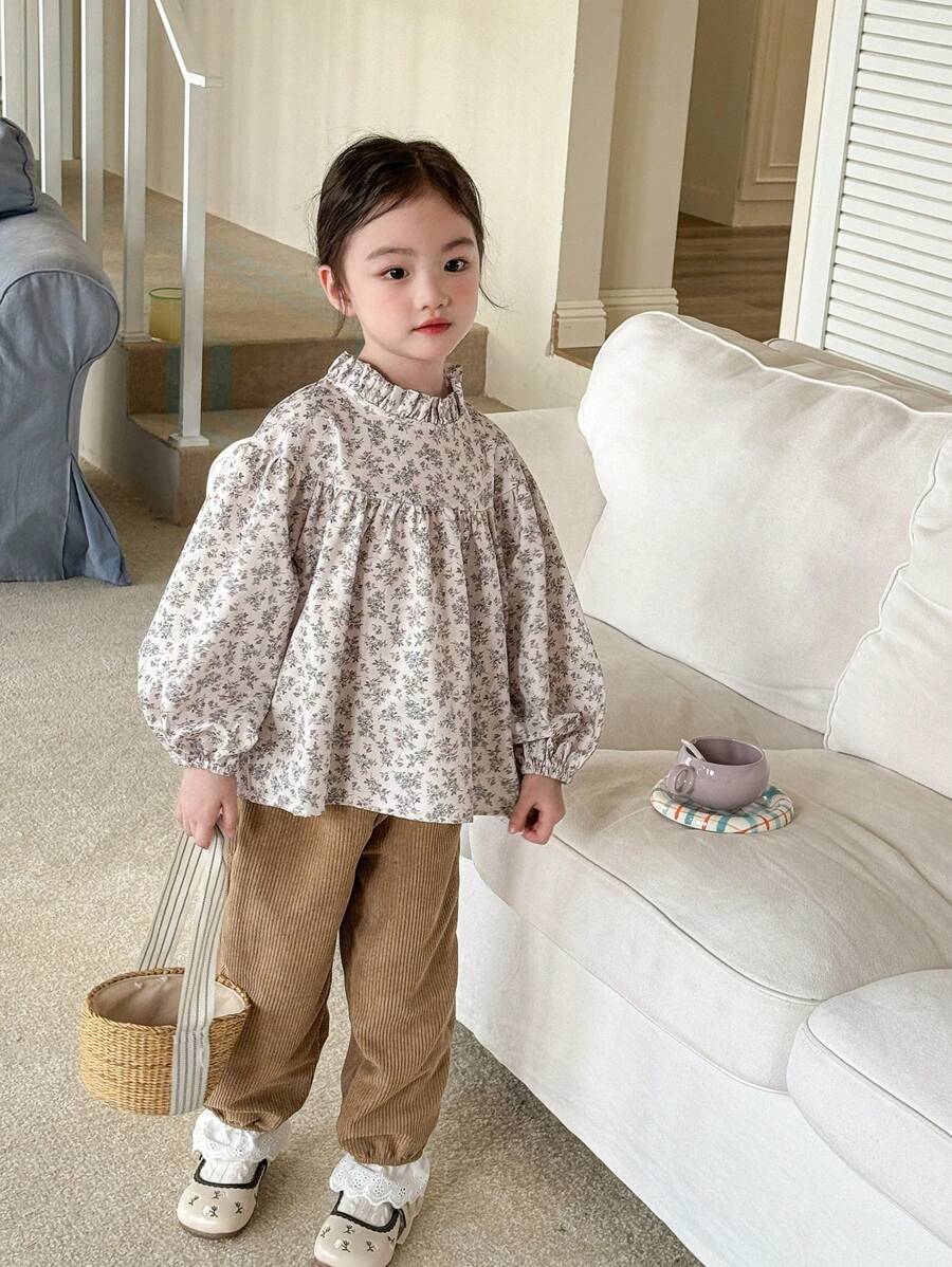 SHEIN Young Girls' Random Print Long Sleeve Top And Pants Set - Khaki - View 1