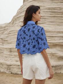 Aveloria 女士夏季隨機菊花刺繡優雅空心短袖襯衫