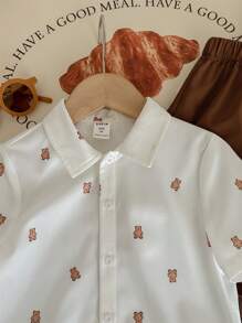 SHEIN LMoss Kids LMoss 2 件装年轻男童卡通熊图案 Polo 领短袖开衫上衣和纯色短裤适合旅行、上学、春夏季节 - 棕色 - 查看 12