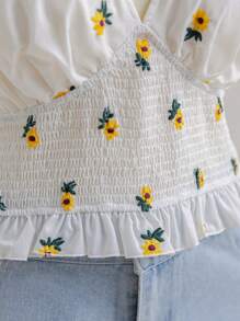 Soleia Vacation White Embroidered V-Neck Blouse With Ruffle Trim And Comfortable Plus Size - Multicolor - View 5