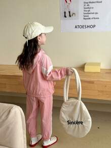 SHEIN Cô Gái Trẻ Xuân Thu Colorblock Có Dây Kéo Có Mũ Trùm Đầu Và Quần Dáng Rộng 2 Bộ Trang Phục - Hồng - Xem 2