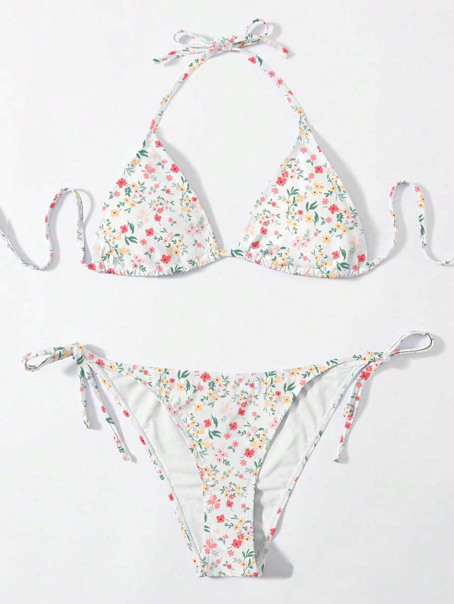 Swim Mod Women's Summer Beach Ditsy Floral Halter Neck Tie Bikini Set (Random Print) - Multicolor - View 1