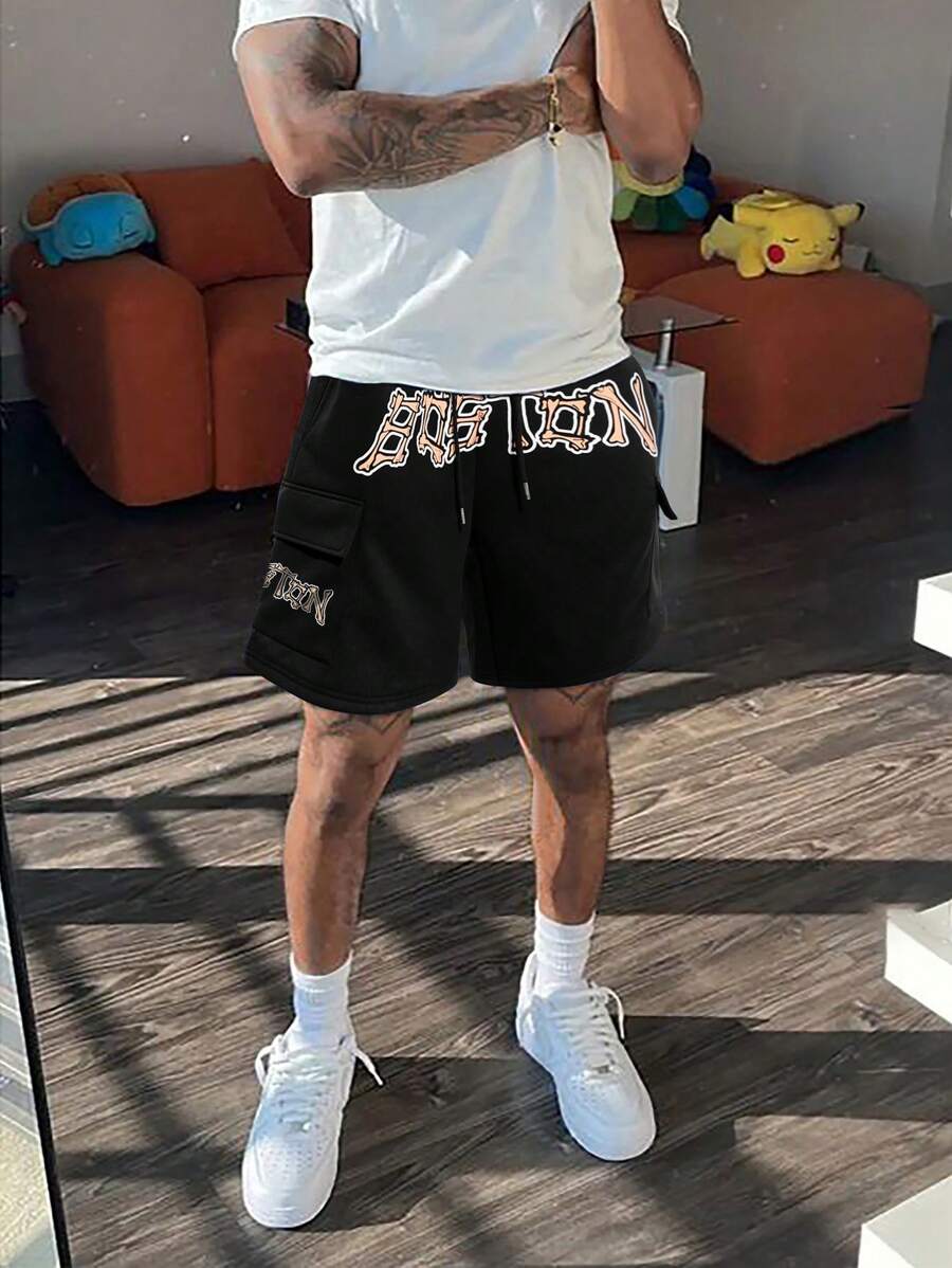 Manfinity LEGND 男士字母印花束口口袋短褲，日常休閒穿著 - 黑色 - 查看 1