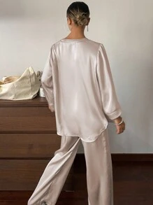DAZY Simple V-Neck Loose Satin Pajama Set With Arc-Shaped Hem - Champagne - View 2