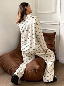 DAZY Butterfly Allover Print Long Sleeve And Long Pants Sleepwear Set Pajama - Beige - View 2