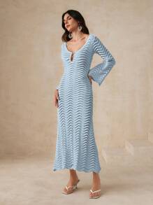 Solid Color Sexy Knitted Hollow Out Wave Flared Sleeve Beach Dress For Summer Beach Vacation - Blue - View 3