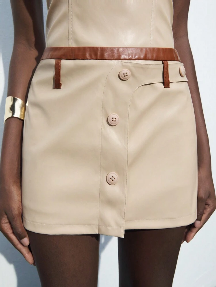 SHEIN Maija Colorblock Decor Bandeau Design Ladies' Fashion PU Leather Bodycon Dress For Birthday