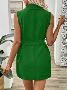 SHEIN LUNE 适合日常穿着的女士纯色无袖西装外套 - 綠色 - 查看 2