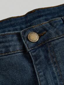 SHEIN Girlism Teen Girl's Simple Style Flare Jeans With Front Buttons And Back Pockets, Suitable For Daily Casual Wear - Dark Wash - View 3