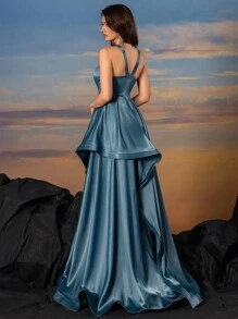 Sleek Satin V-Neck Fishbone Pleats With Asymmetrical Ruffle Trim, Elegant Fit And Flare Gown Dress Party Dress Wedding Guest Dress Formal Dress Evening Dress