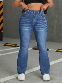 SHEIN EZwear 女士加大碼有口袋喇叭休閒牛仔褲 - 藍色 - 查看 1