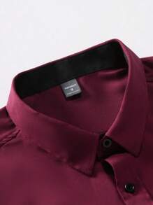 Manfinity Mode Men's Spring/Summer Color Block Long Sleeve Pocketed Casual Dress Shirt For Work Or Leisure, For Husband, Work, Red Dress Shirt For Men, Dark Red Shirt, For Fall - Burgundy - View 5