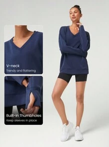 GLOWMODE Modal Silky Smooth Oversized V-Neck Hip Length Long Sleeve Sweatshirt With Thumbholes Daily Casual Fall