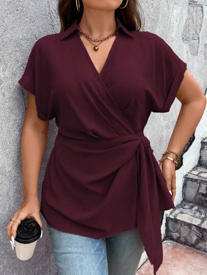Vionelle Plus Size Women's Solid Color Batwing Short Sleeve Casual Shirt With Side Knot, Summer
