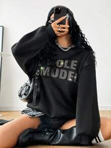 Muchica Sudadera de mujer de cuello redondo y manga larga con transferencia de alfabeto de diamantes de imitación - Negro - Ver 4