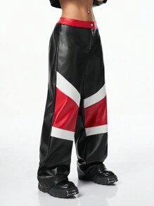 Muchica Quần Biker nữ, Quần xe máy PU phối màu cổ điển, Quần dài eo thấp Y2K, Thời trang dạo phố - màu đen - Xem 4