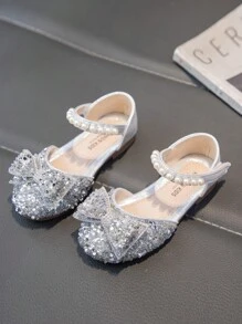 Baby Girls' Flat Shoes With Rhinestones Decoration, Princess Style - Silver - View 3