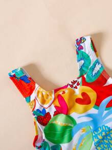 Traje de baño de una pieza sin mangas para niñas con patrón de frutas tropicales, verano